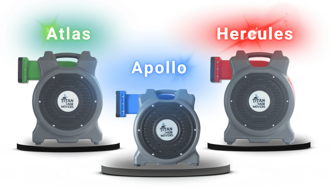 Front-facing view of Apollo 1.0 horsepower, Atlas 1.5 horsepower, and Hercules 2.0 horsepower blowers for inflatable bounce houses, obstacle courses, and slides on a pedestal, with each blower’s name displayed above itself.